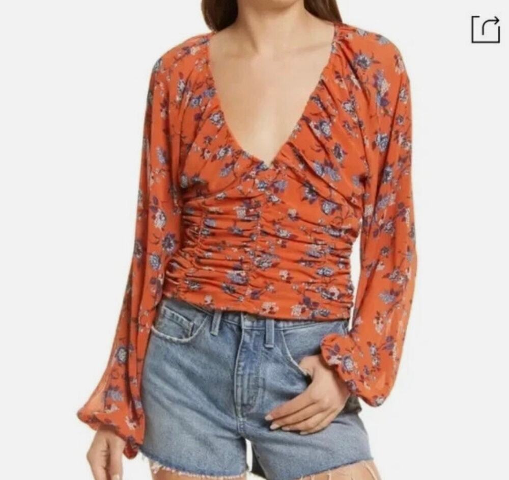 Free People Orange and Blue Floral Cinched V-Neck Longsleeve Blouse Size M
